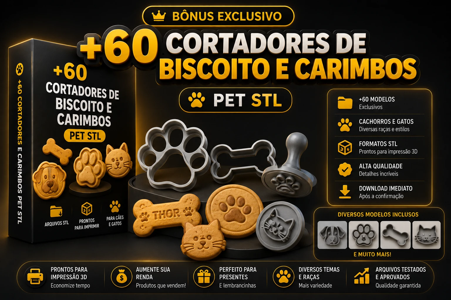 +60 CORTADORES DE BISCOITO E CARIMBOS PET STL